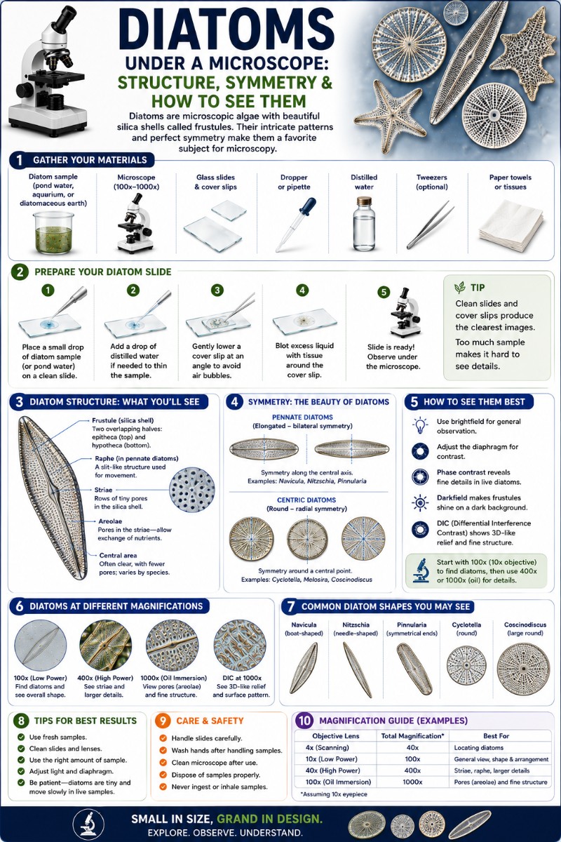 Infographics of Diatoms under a microscope