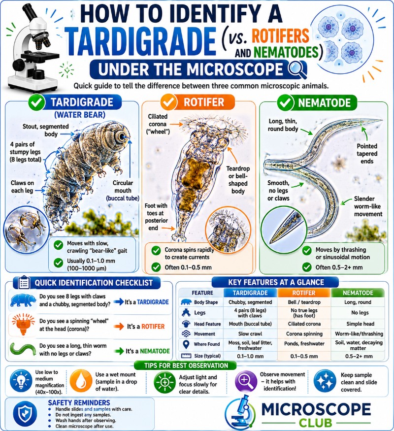 Inforgraphics of How to identify a tardigrade under a microscope