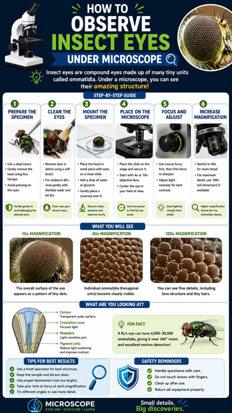 Infographics of How to observe insect eyes under a microscope