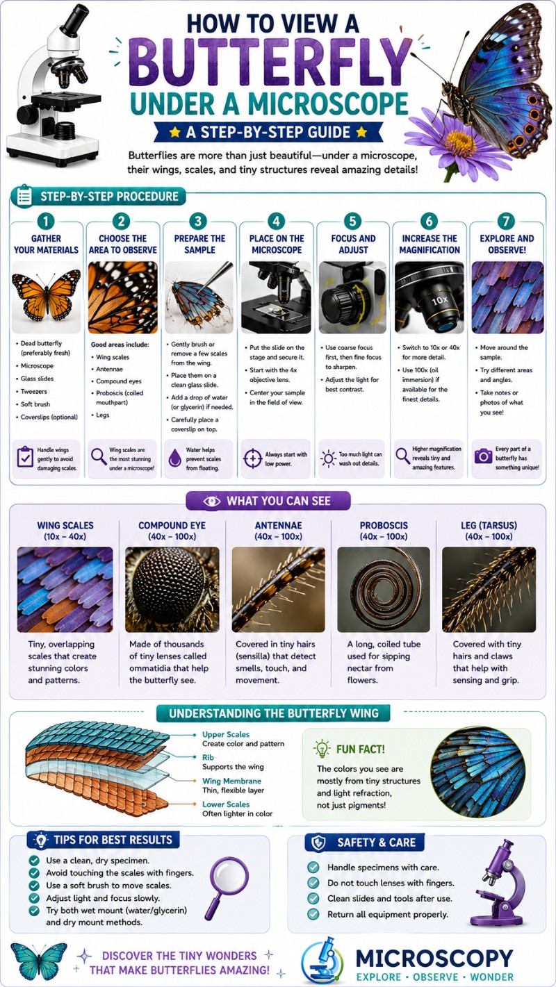 Infographics of How to view butterfly under a microscope