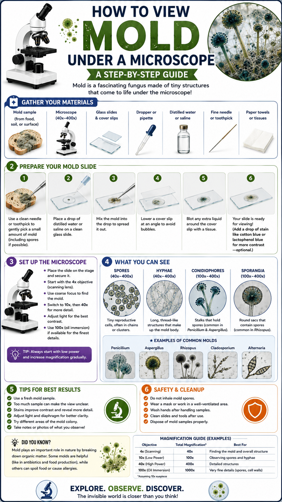 Step-by-step guide to viewing mould under a microscope at 40×, 100×, and 400× magnification