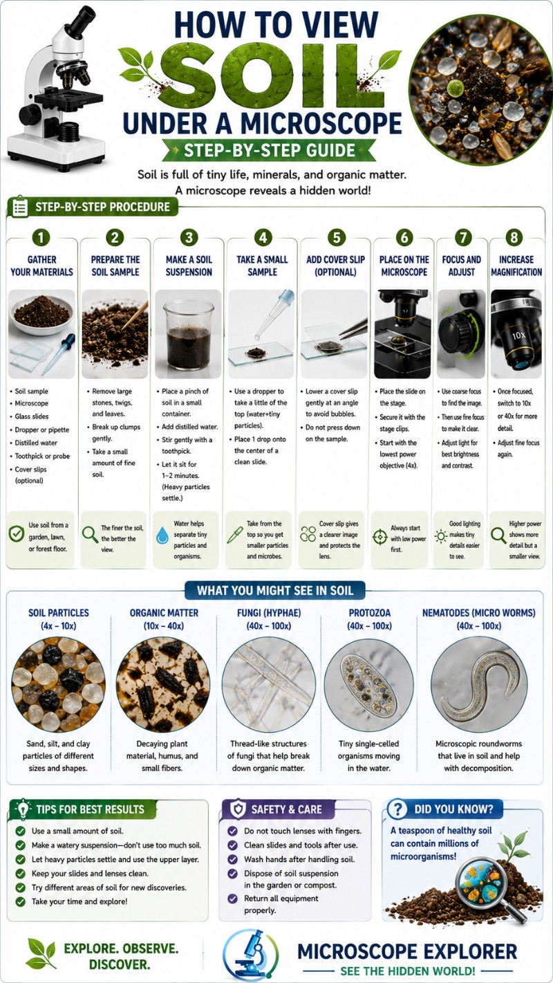 Infographics of How to view soil under a microscope