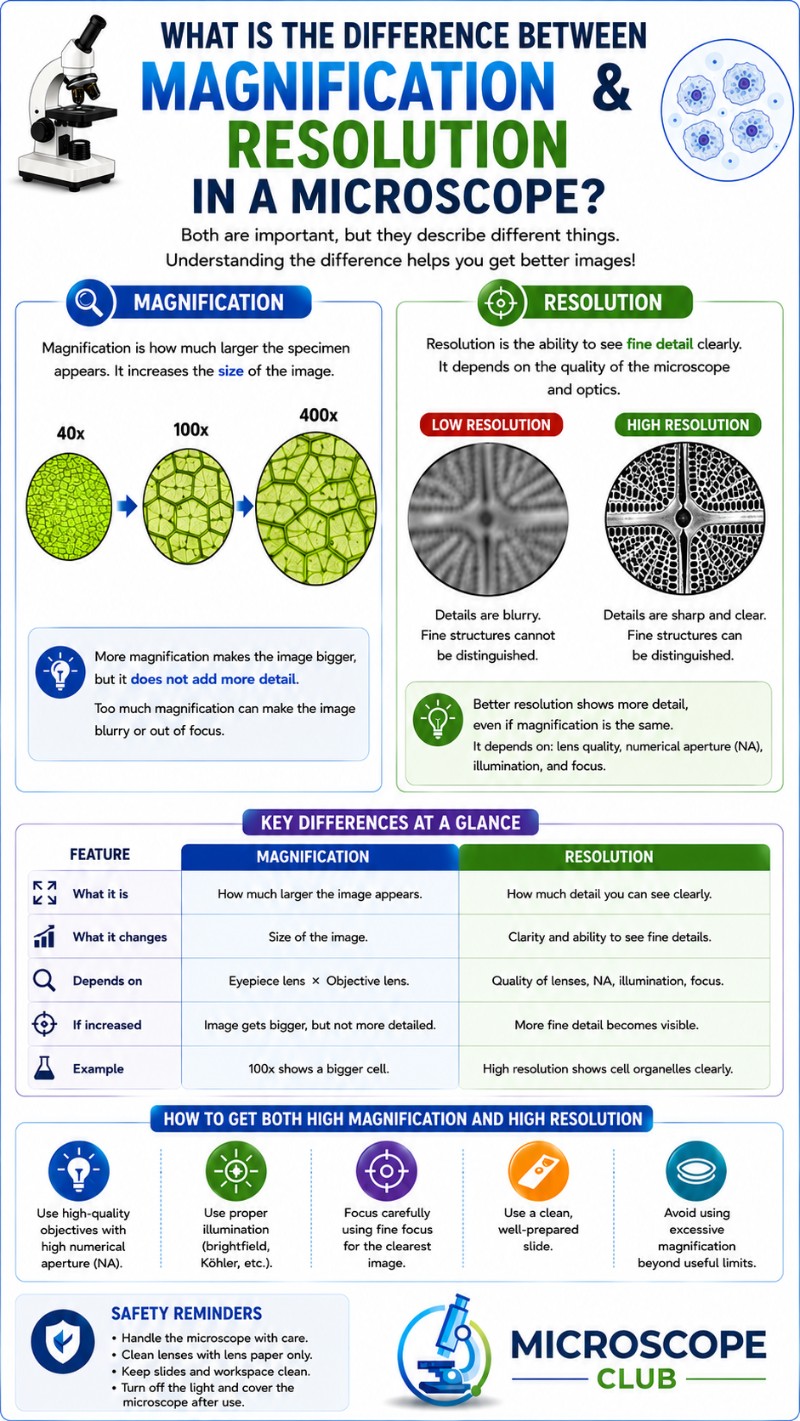 Infographics of Magnification and Resolution in a Microscope