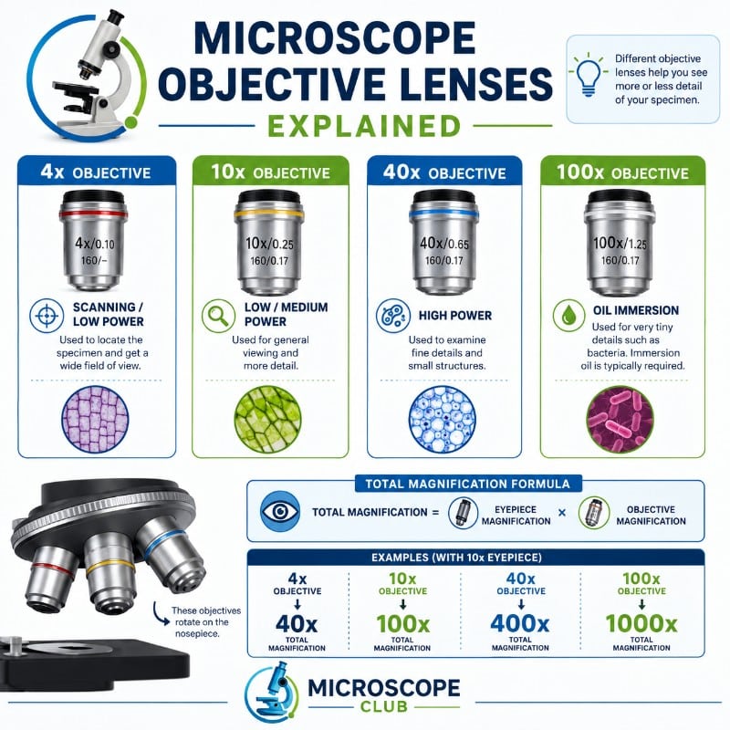 Photo of Microscope Objective Lenses Explained 4x, 10x, 40x, 100x