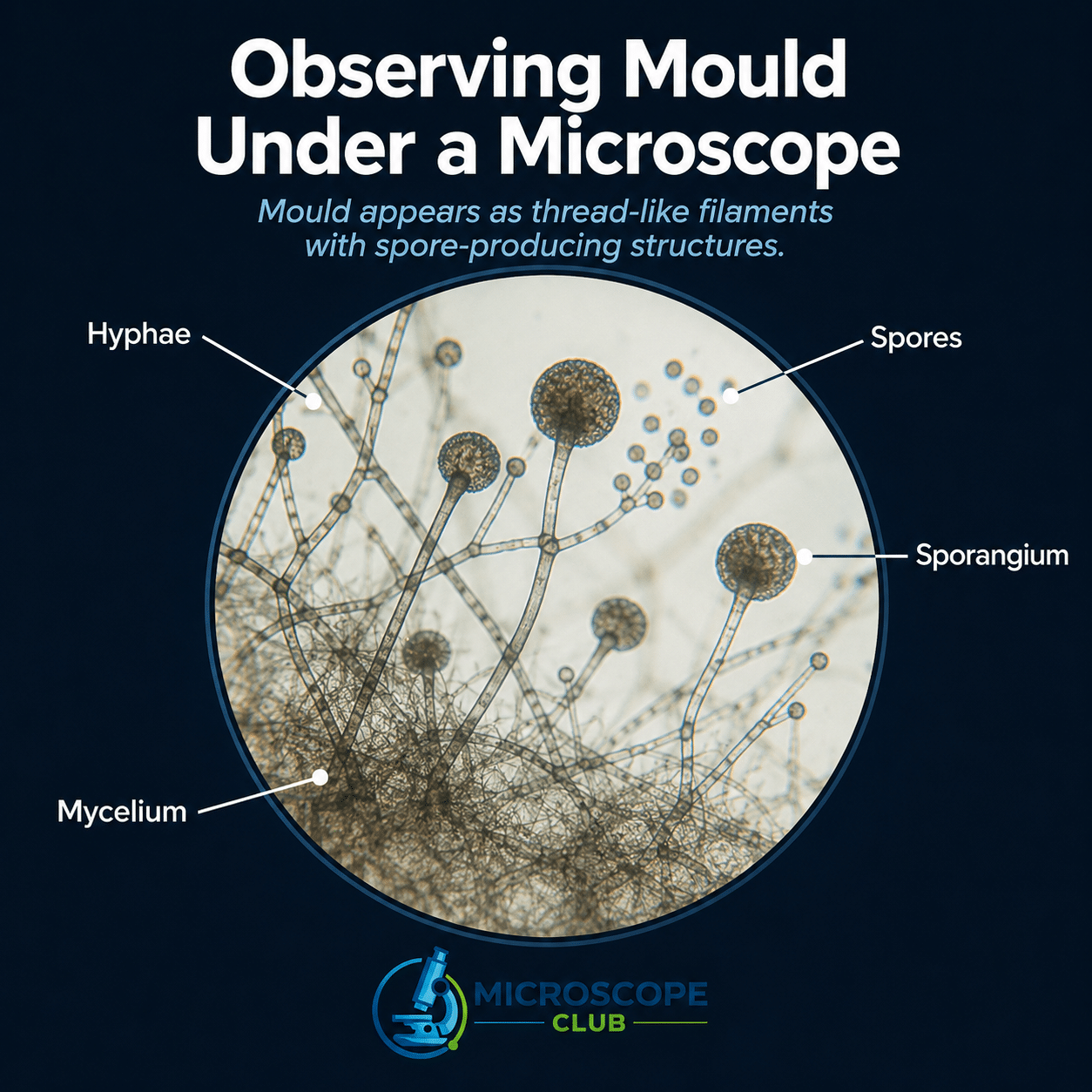 Close-up photo of mould under a microscope showing spore structures