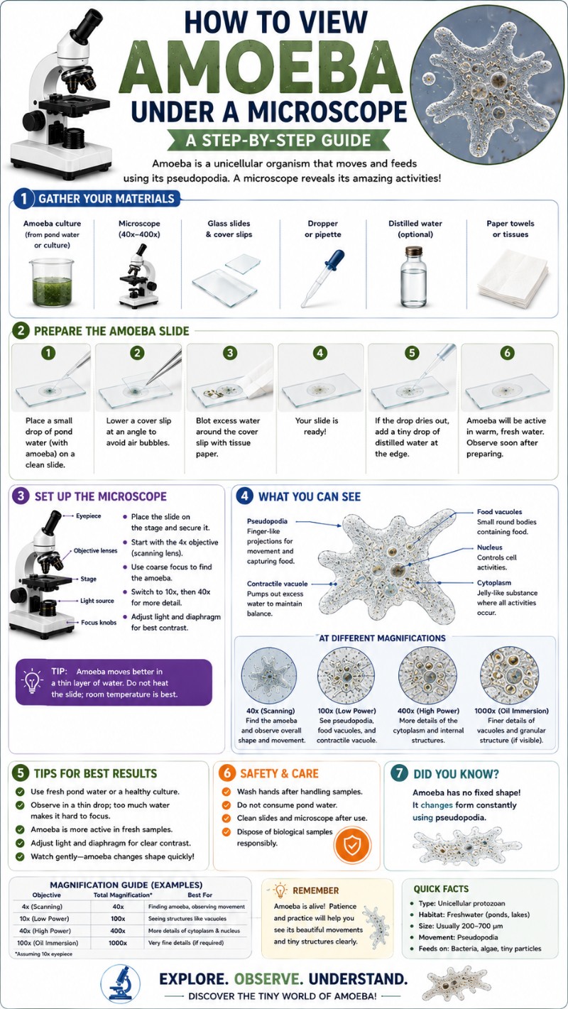 Infographics of how to view amoeba under a microscope