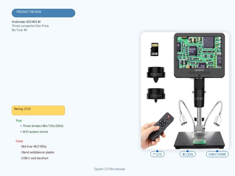 Andonstar AD246S-M digital LCD microscope review featured image with 7 inch screen, 40 LEDs, USB-C/HDMI, rating, pros and cons