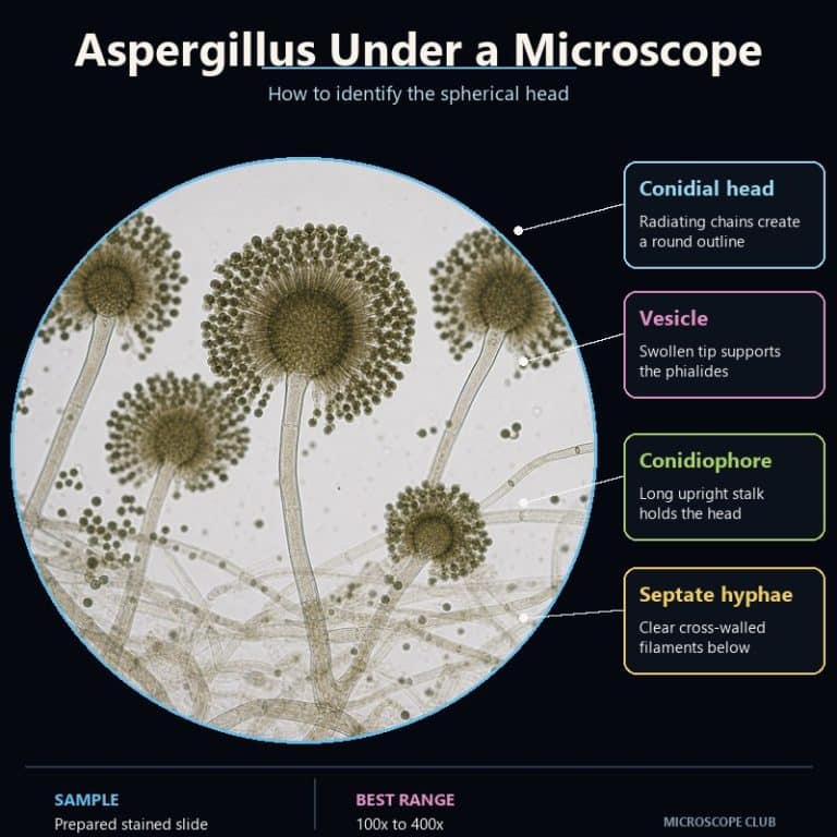 Aspergillus under a microscope showing spherical conidial heads, vesicles, conidiophores and septate hyphae