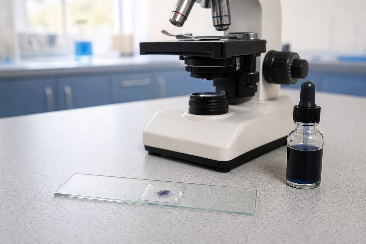 Prepared Aspergillus microscope slide beside a compound microscope and closed stain bottle