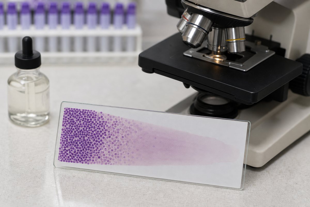 Prepared stained blood smear with a feathered edge beside a microscope and immersion oil