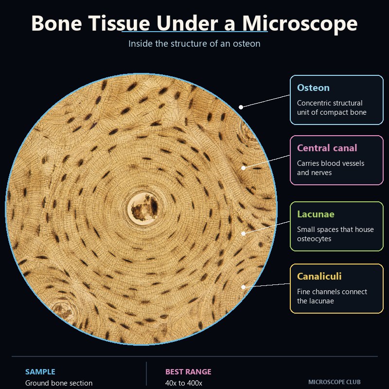 Compact bone tissue under a microscope showing an osteon, central canal, lacunae and canaliculi