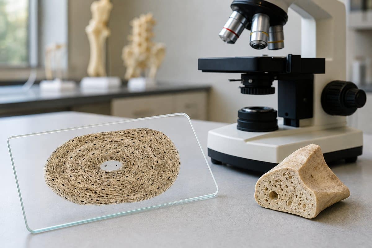 Prepared compact bone cross-section slide beside a compound microscope and bone specimen