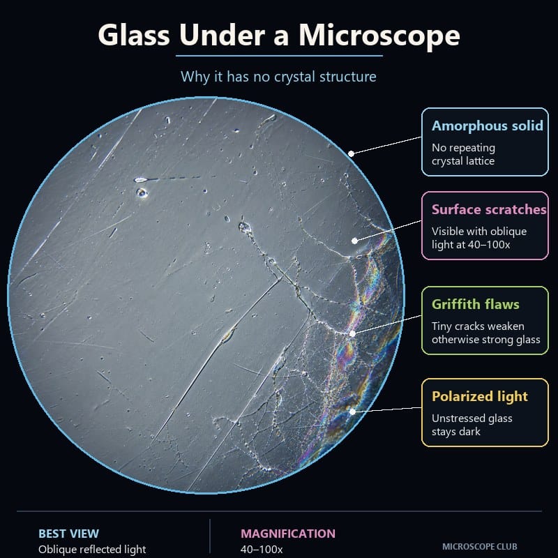 Microscope view of scratches, pits and Griffith cracks on an amorphous glass surface