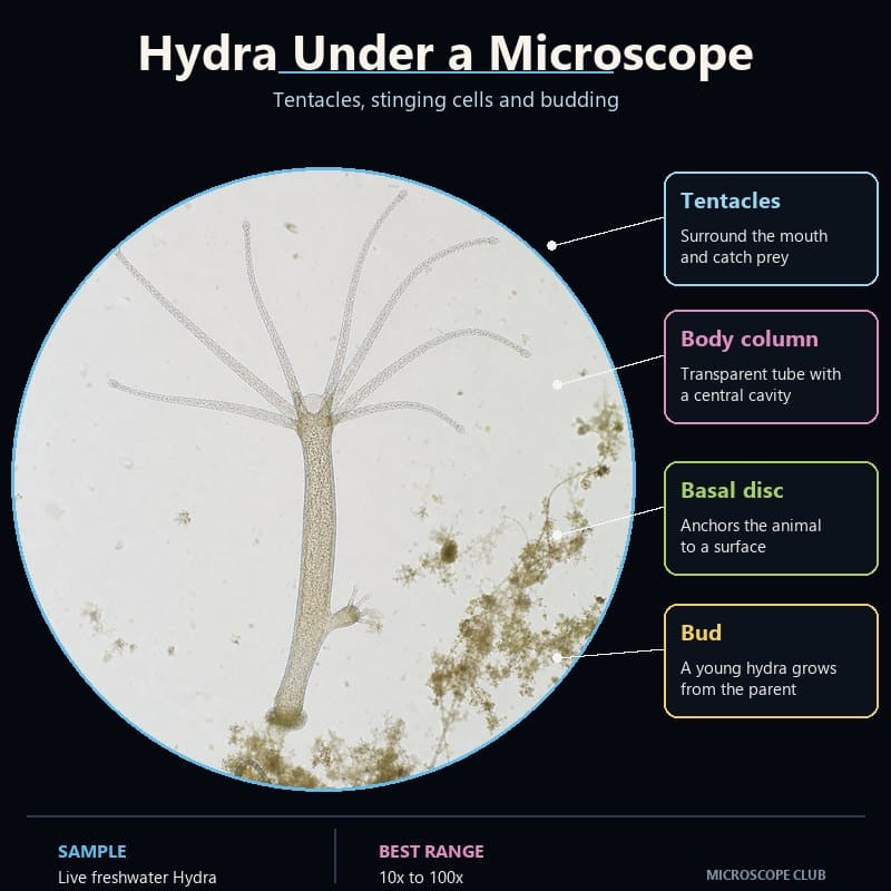Live freshwater Hydra under a microscope showing tentacles, body column, basal disc and a lateral bud
