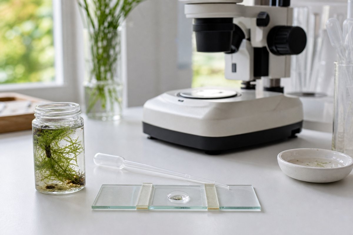 Hydra observation chamber prepared with pond water, spacer strips and a stereo microscope