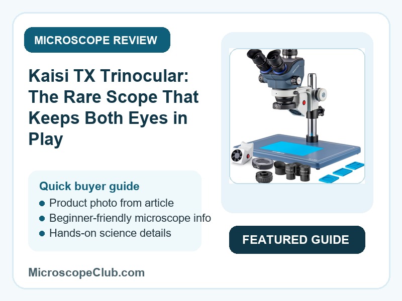 Featured image for Kaisi TX Trinocular: The Rare Scope That Keeps Both Eyes in Play microscope review on MicroscopeClub