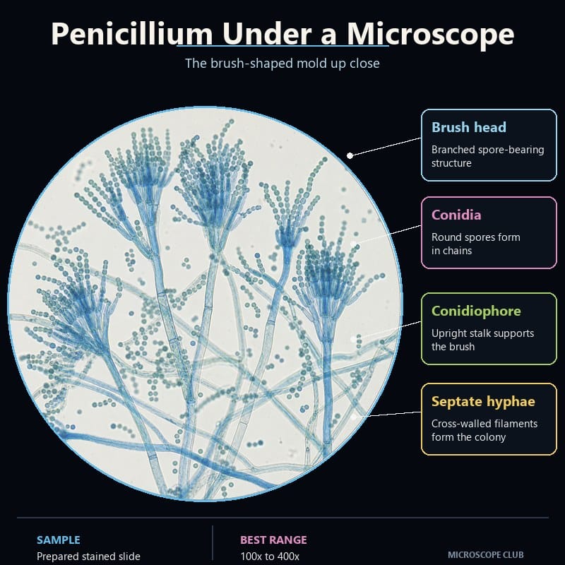 Penicillium conidiophores under a microscope showing characteristic blue brush-shaped heads and chains of conidia