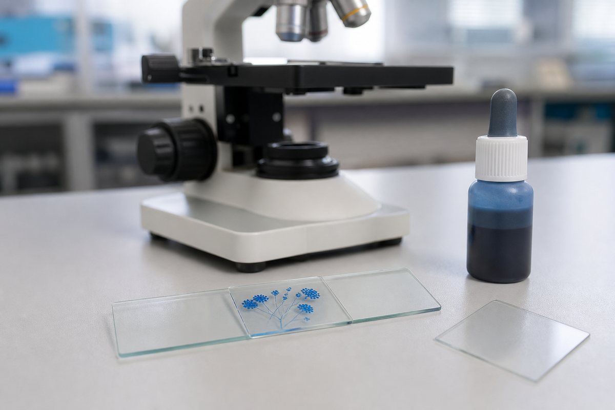 Prepared Penicillium microscope slide beside a compound microscope and blue fungal stain