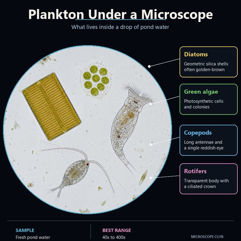 Freshwater plankton under a microscope showing a diatom, green algae, a copepod and a rotifer