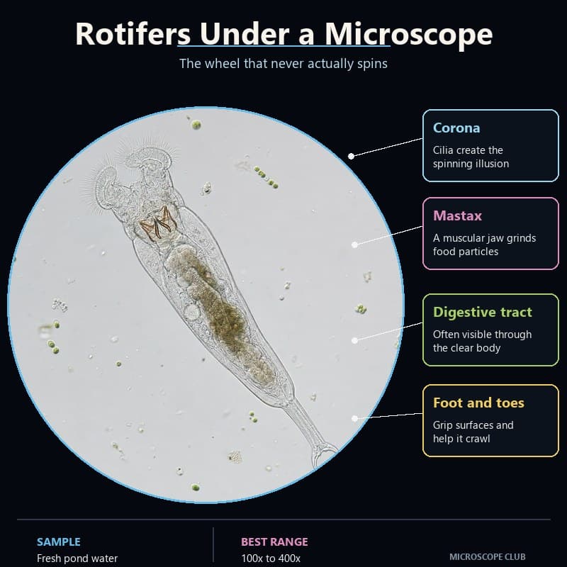 Live rotifer under a microscope showing the ciliated corona, mastax, transparent gut and two-toed foot