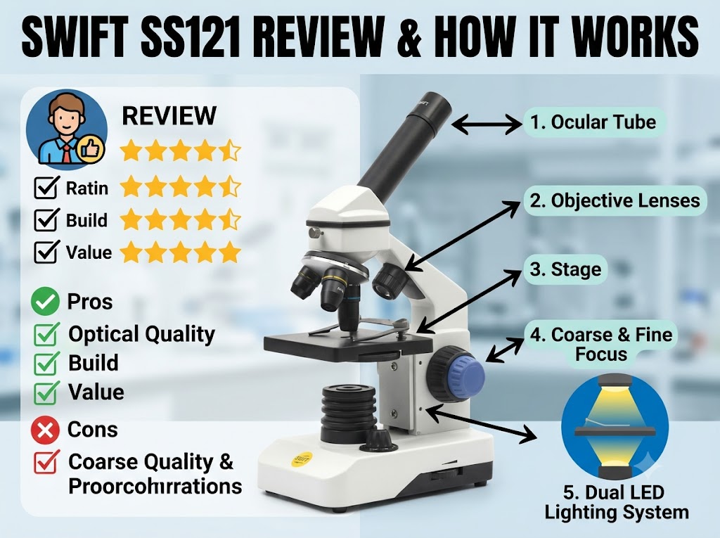 SWIFT SS121 microscope review featured image showing key parts and pros and cons