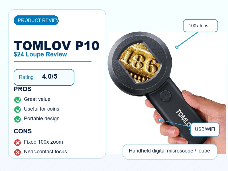 TOMLOV P10 handheld digital microscope loupe review featured image with rating, pros and cons