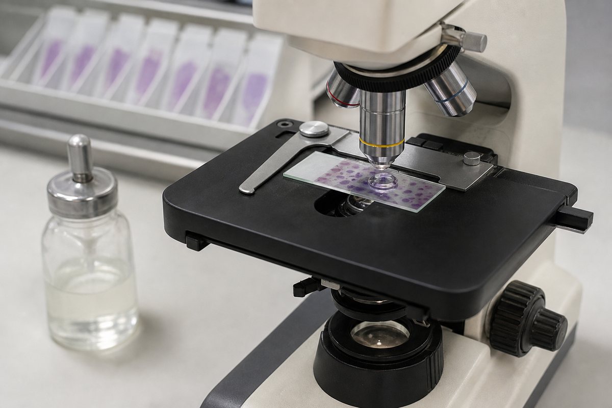 Stained blood smear examined under a 100x oil-immersion objective on a compound microscope