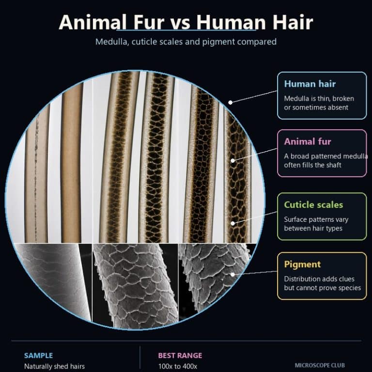 Human hair and animal fur compared under a microscope by medulla and cuticle scale patterns