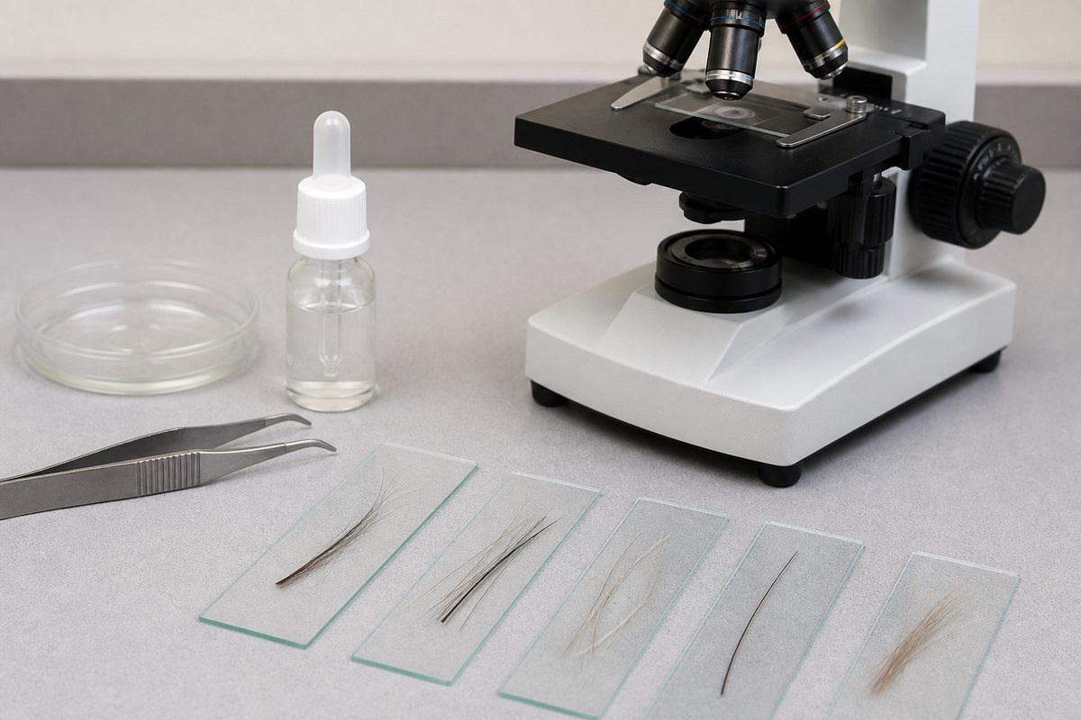 Naturally shed human hair and animal fur samples mounted on separate microscope slides