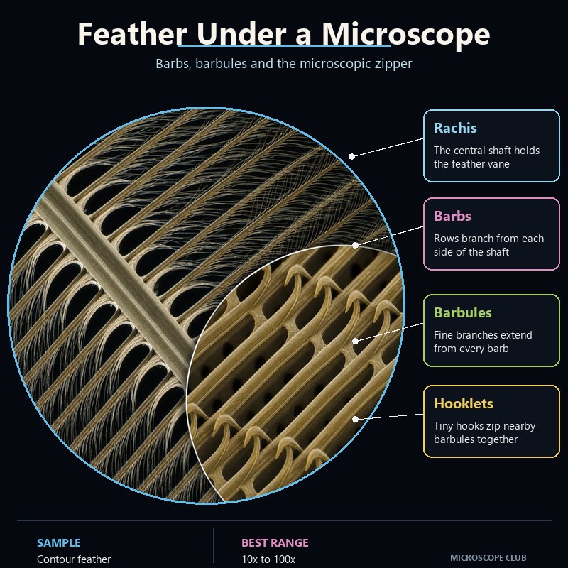 Feather structure under magnification showing the rachis, barbs, barbules and interlocking hooklets