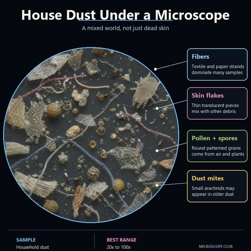 House dust under a microscope showing fibers, skin flakes, pollen, mineral particles and a dust mite