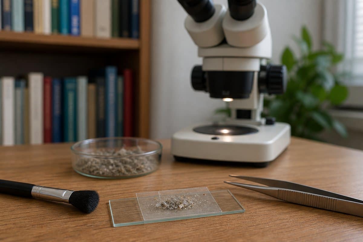 House-dust tape sample prepared on a glass slide beside a stereo microscope