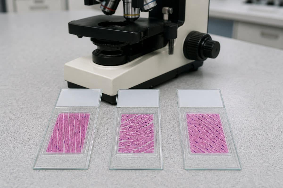 Prepared skeletal, cardiac and smooth muscle tissue slides beside a compound microscope