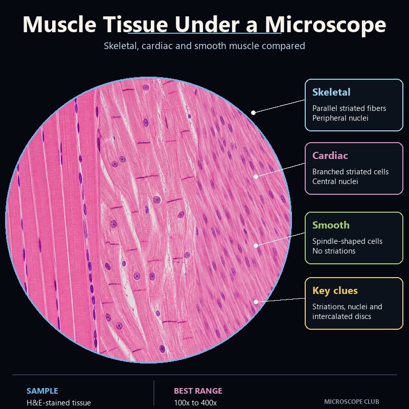 Skeletal, cardiac and smooth muscle tissue compared under a microscope, showing striations, nuclei and cell shape