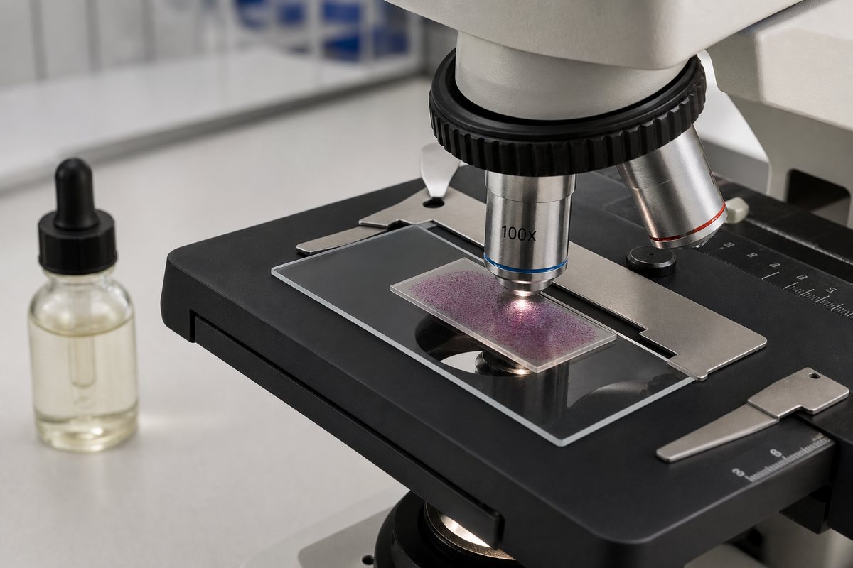 Sealed Gram-stained bacterial teaching slide viewed with a 100x oil-immersion objective