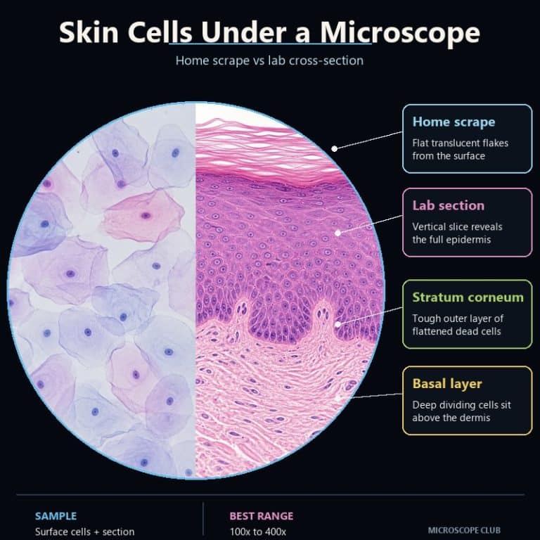 Surface skin cells and a stained epidermis cross-section compared under a microscope