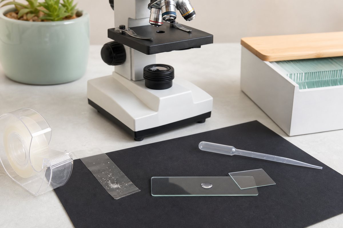 Skin-flake wet mount prepared with clear tape, water and a coverslip beside a compound microscope