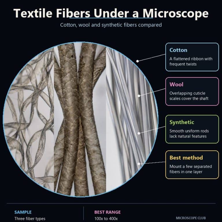 Cotton, wool and synthetic textile fibers compared under a microscope