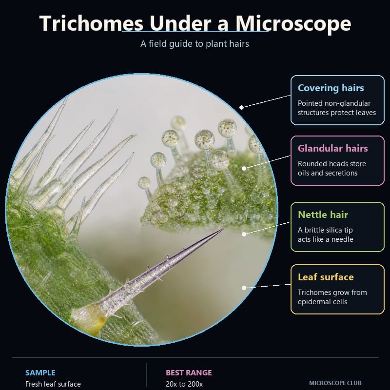Non-glandular, glandular and stinging plant trichomes compared under a microscope