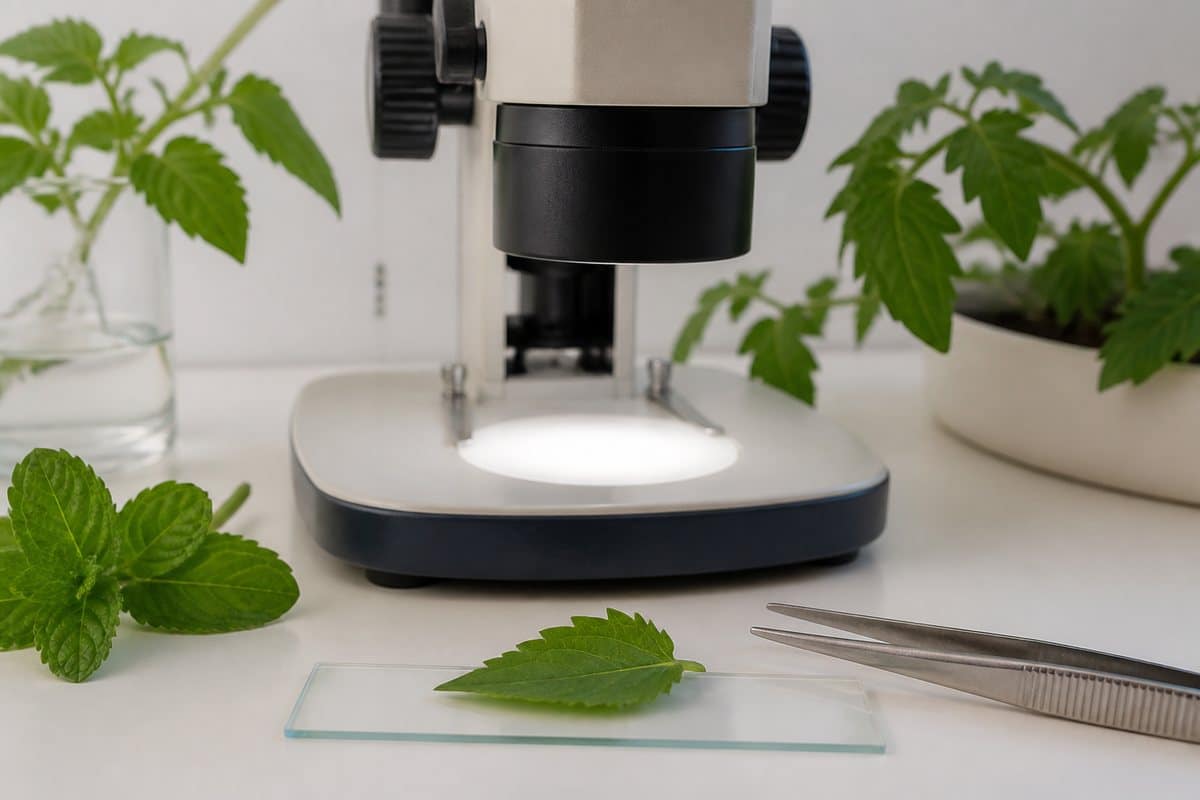 Fresh mint leaf positioned intact beneath a stereo microscope for viewing trichomes