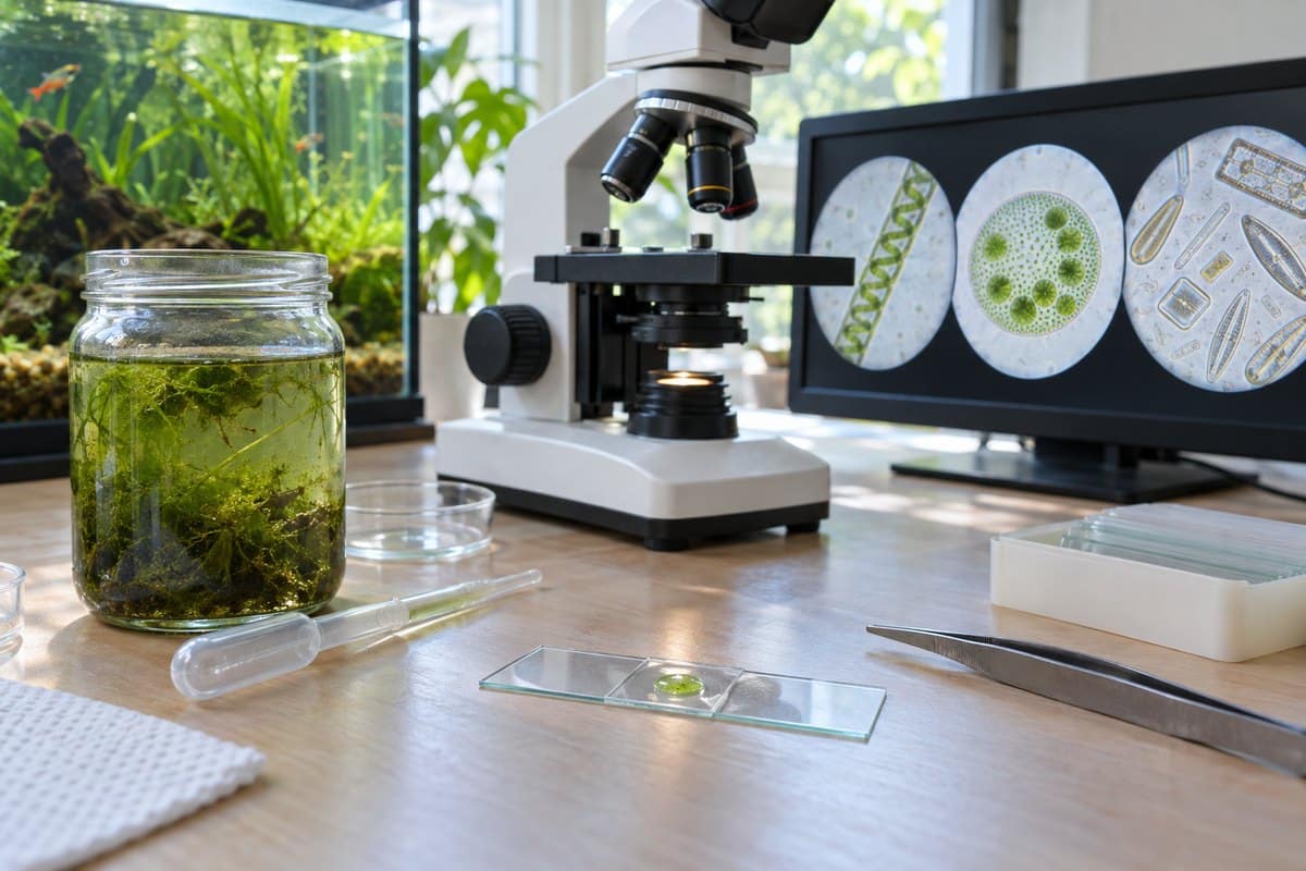 Green aquarium-water wet mount beside a microscope displaying several microscopic algae