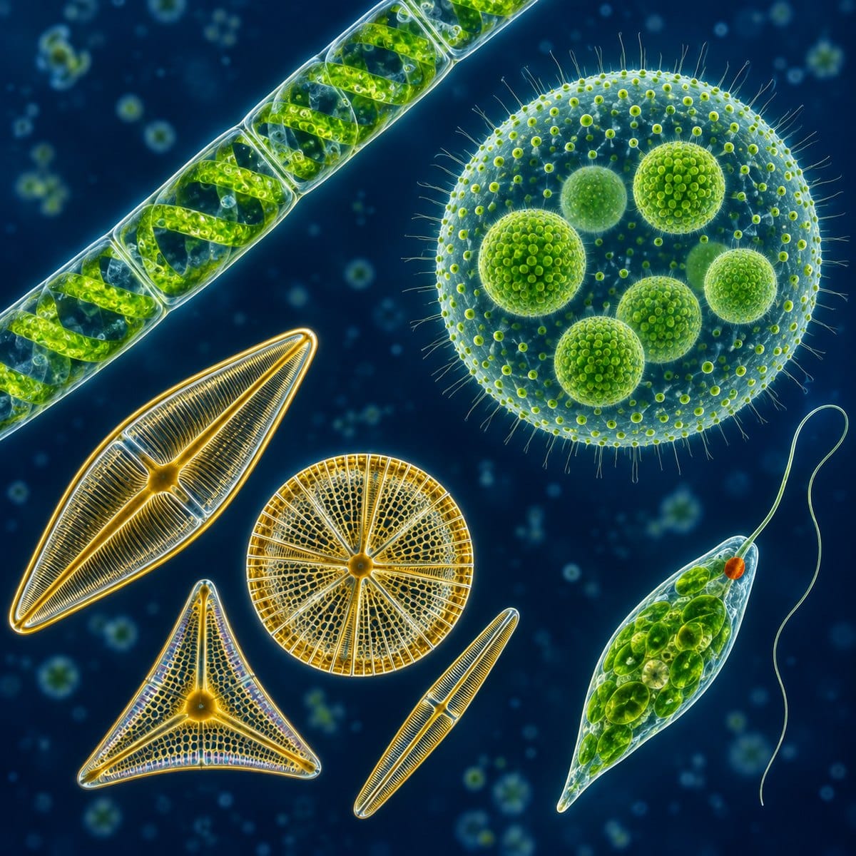 Scientific illustration of Spirogyra, Volvox, diatoms and Euglena on a dark blue background
