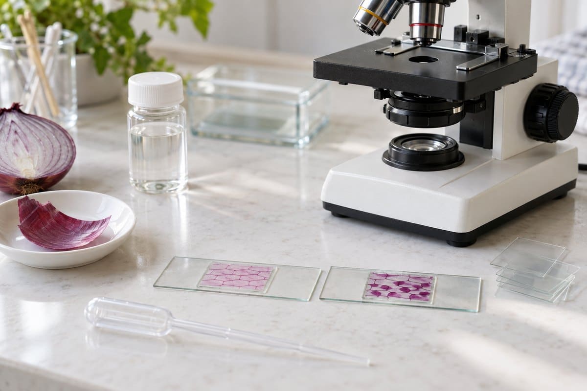 Onion epidermis wet mounts prepared with water and salt solution beside a compound microscope