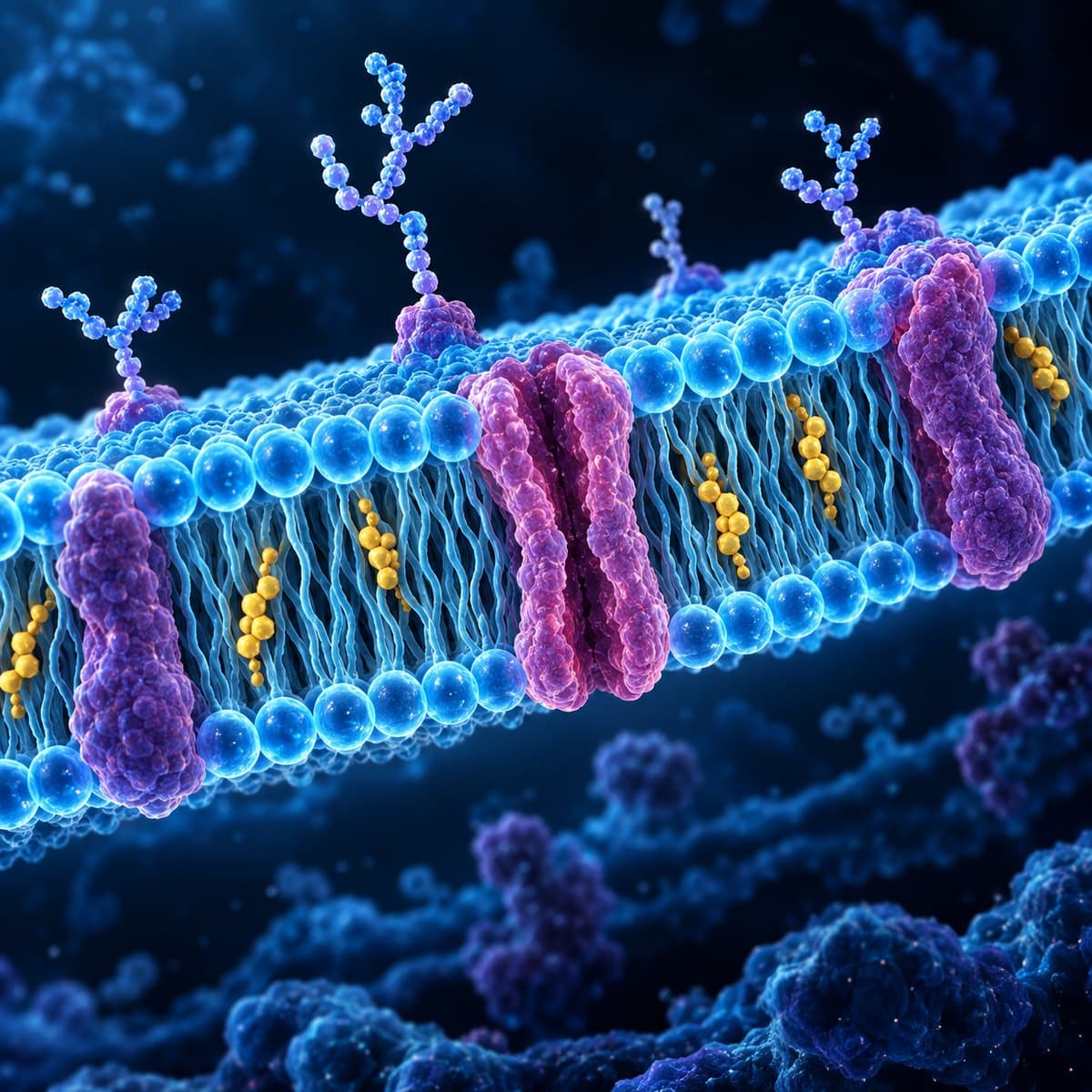 Scientific illustration of a phospholipid cell membrane with channel proteins, cholesterol and carbohydrate chains
