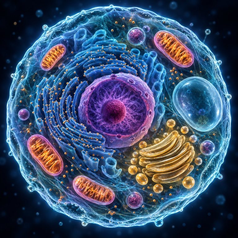 Illustrated eukaryotic cell showing the nucleus, mitochondria, endoplasmic reticulum, Golgi apparatus and other organelles