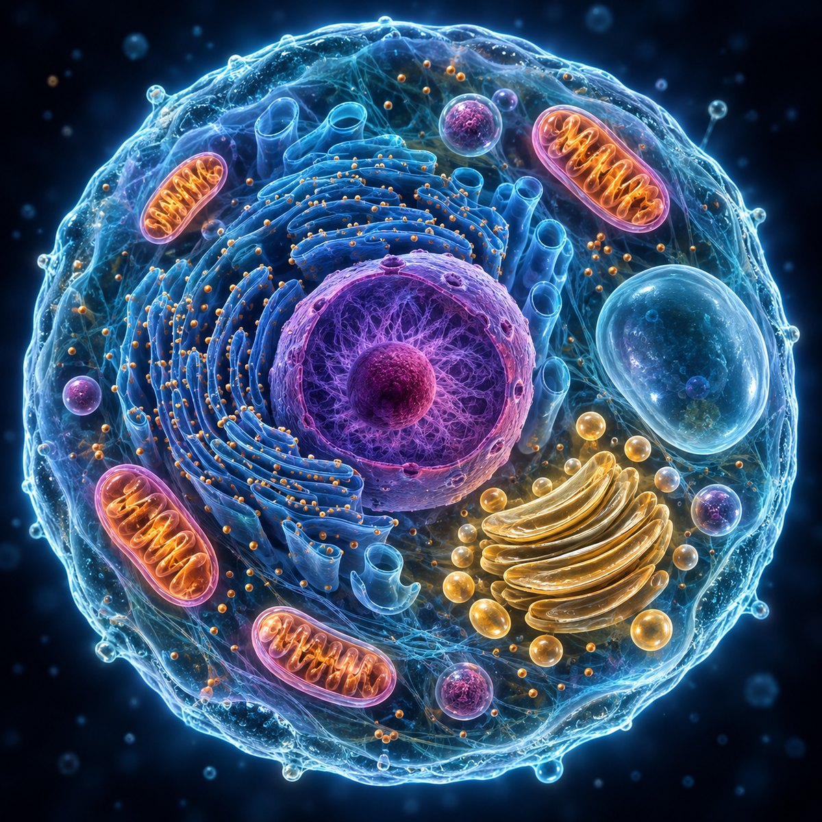 Illustrated eukaryotic cell showing the nucleus, mitochondria, endoplasmic reticulum, Golgi apparatus and other organelles