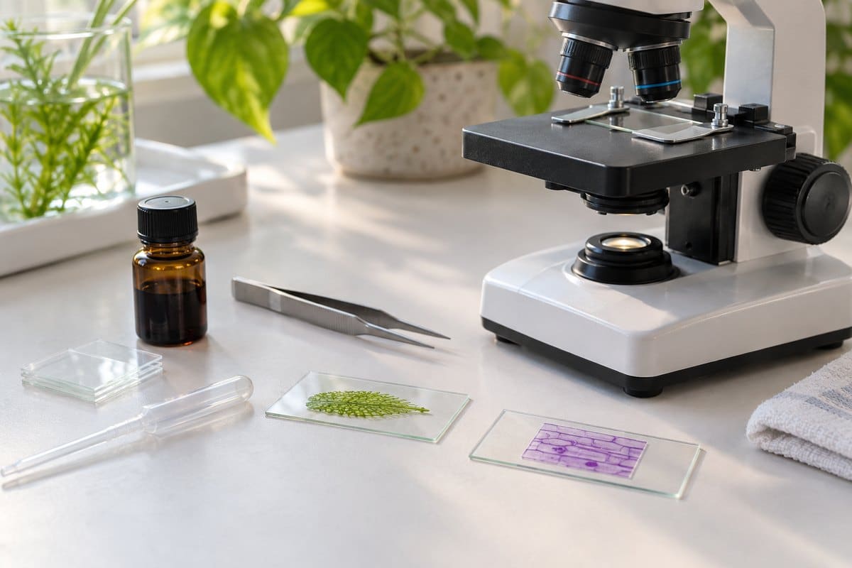 Elodea leaf and stained onion epidermis slides prepared beside a compound microscope