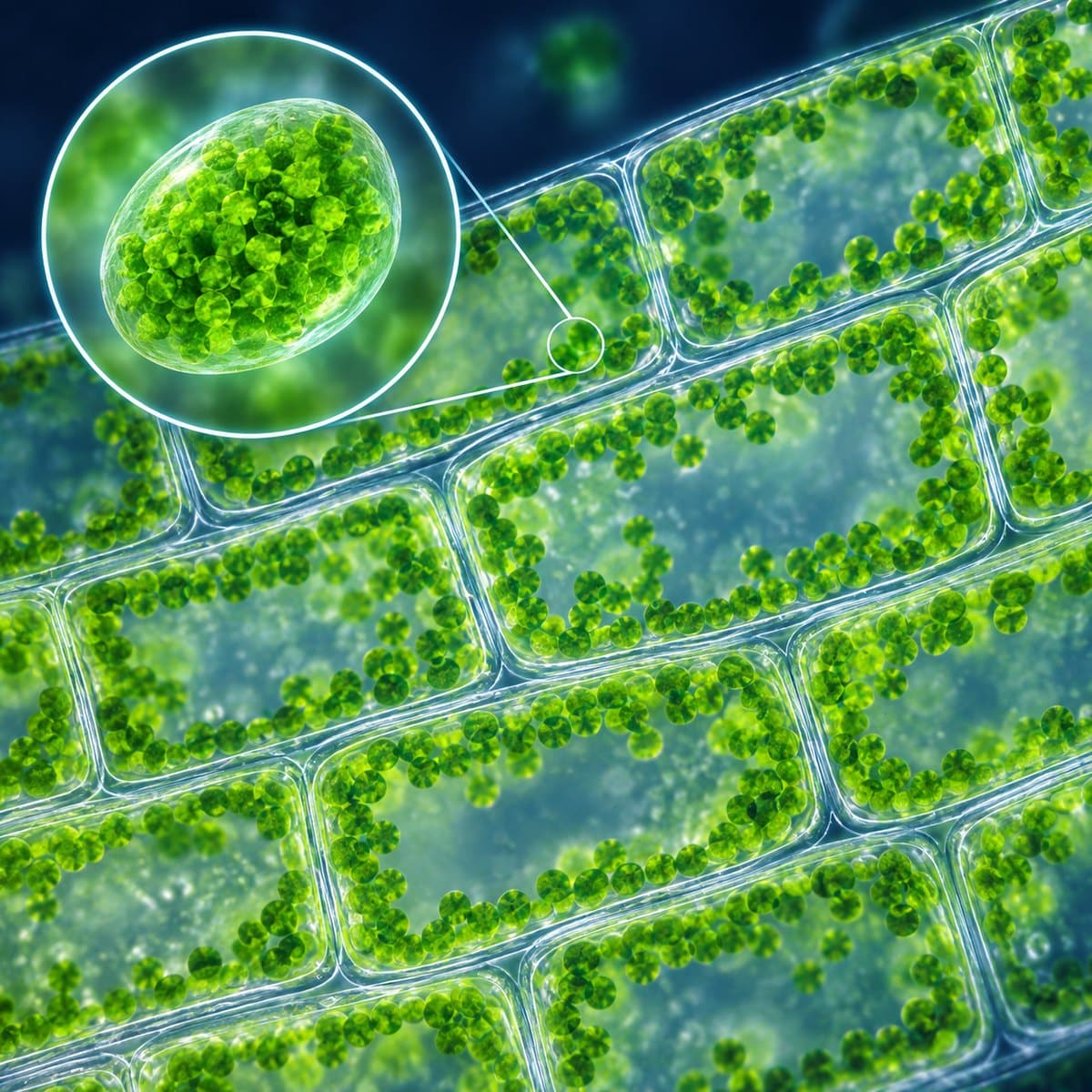 Living Elodea leaf cells filled with small green chloroplasts under a light microscope