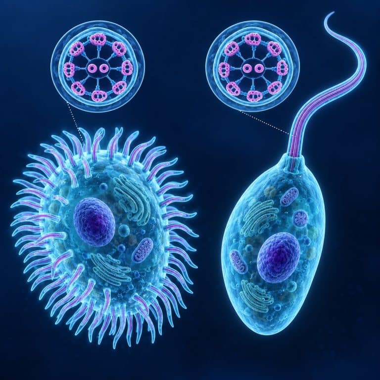 Scientific illustration comparing a cell covered in short cilia with a cell bearing one long flagellum