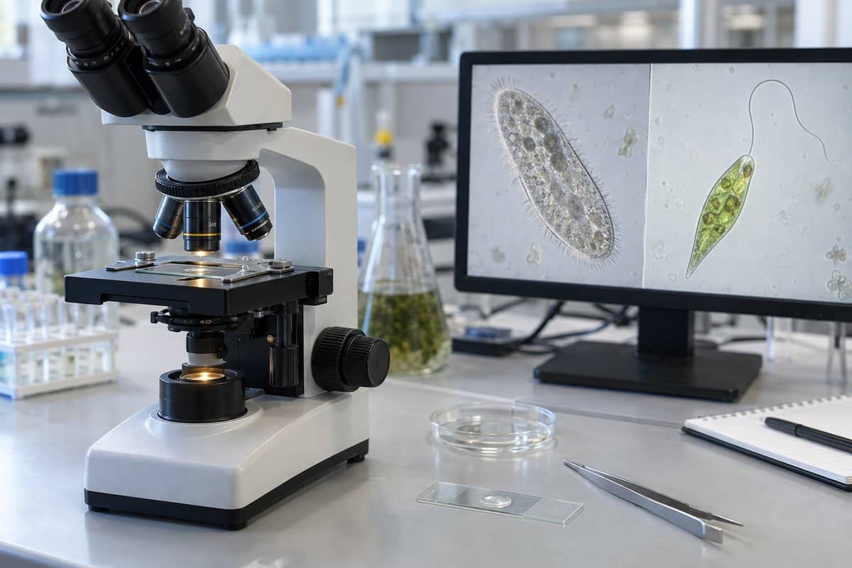 Compound microscope displaying ciliated Paramecium and flagellated Euglena from a pond-water wet mount